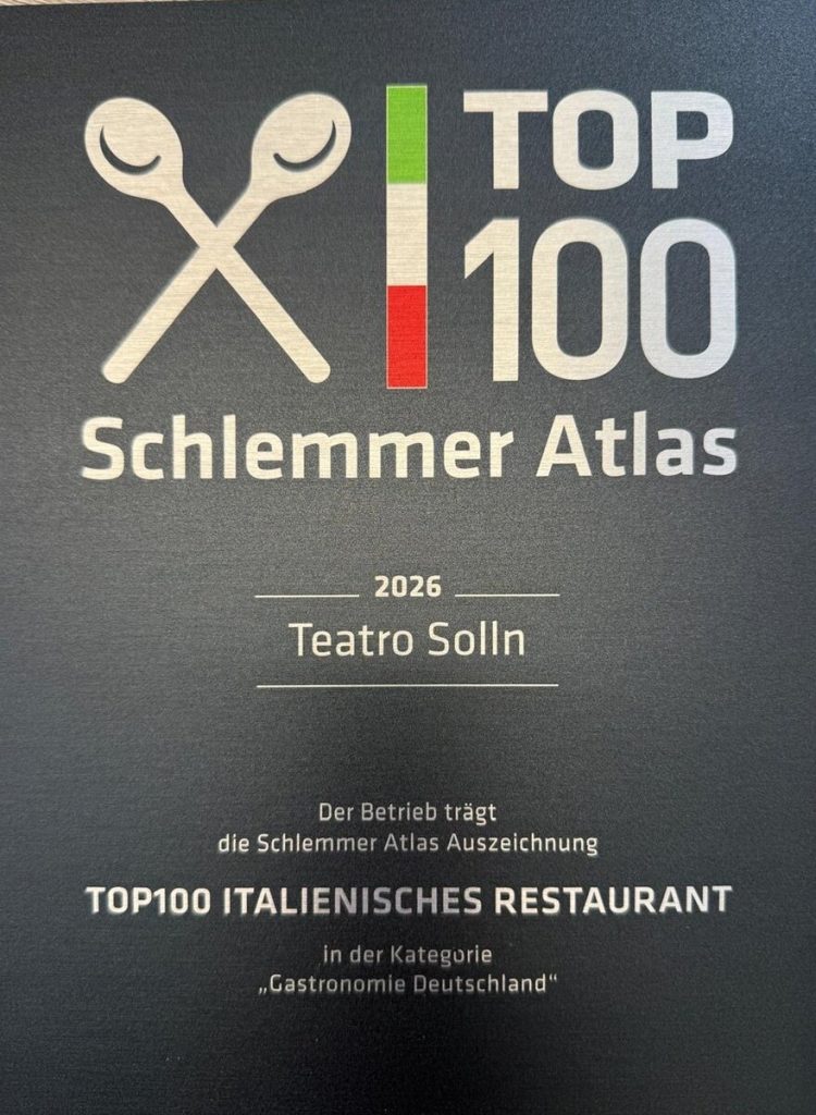 Urkunde Schlemmer Atlas TOP100 Italienisches Restaurant 2026 für das TEATRO Solln, Kategorie „Gastronomie Deutschland“