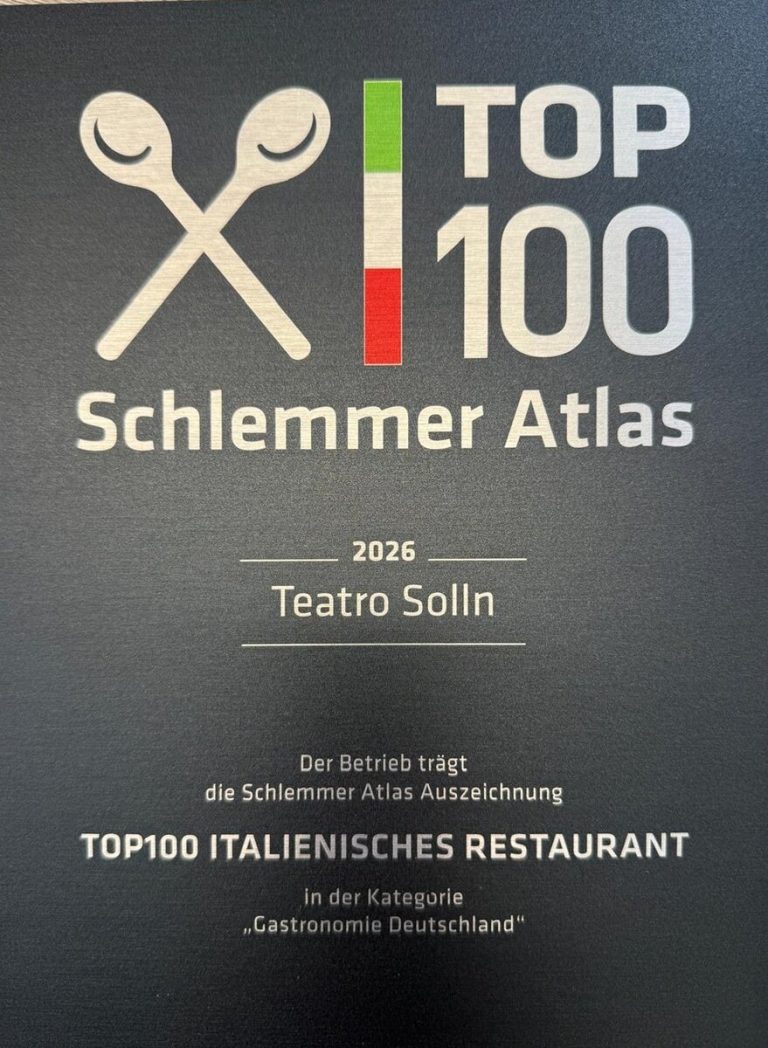 Urkunde Schlemmer Atlas TOP100 Italienisches Restaurant 2026 für das TEATRO Solln, Kategorie „Gastronomie Deutschland“